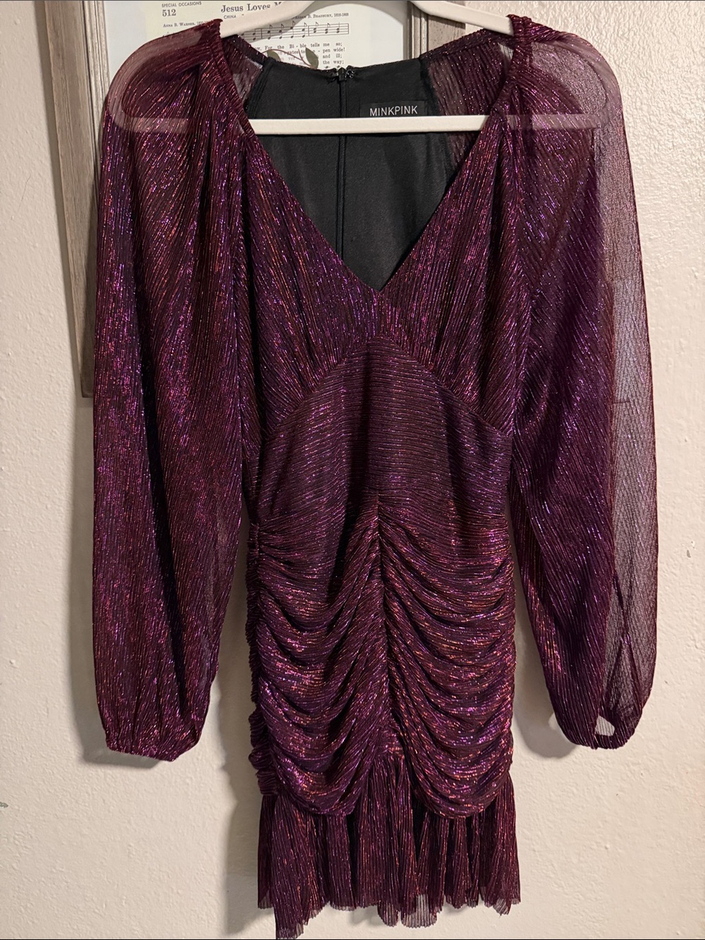 MINKPINK Plum Metallic Ruched V-Neck Mini Dress